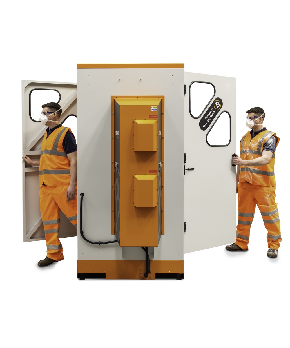 Side on view of the JetBlack Safety Walk Through Personnel Cleaning Booth (hands-free) showing man entering booth, man exiting booth; doors in and out